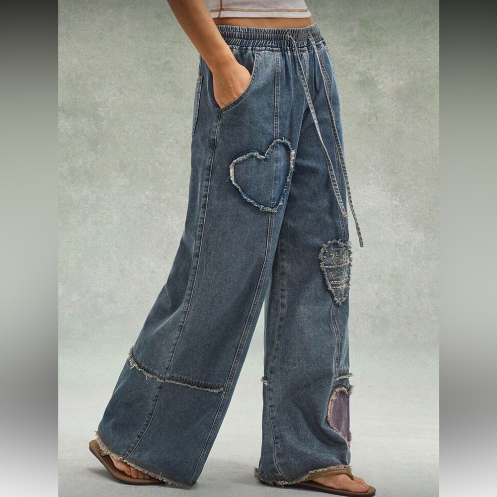Heart Patch Wide-Leg denim jogger style Jeans print distressed - Picture 6 of 6